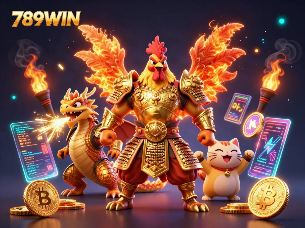 Engage with 789WIN's thrilling gaming world with a fierce samurai rooster and dragon in action.