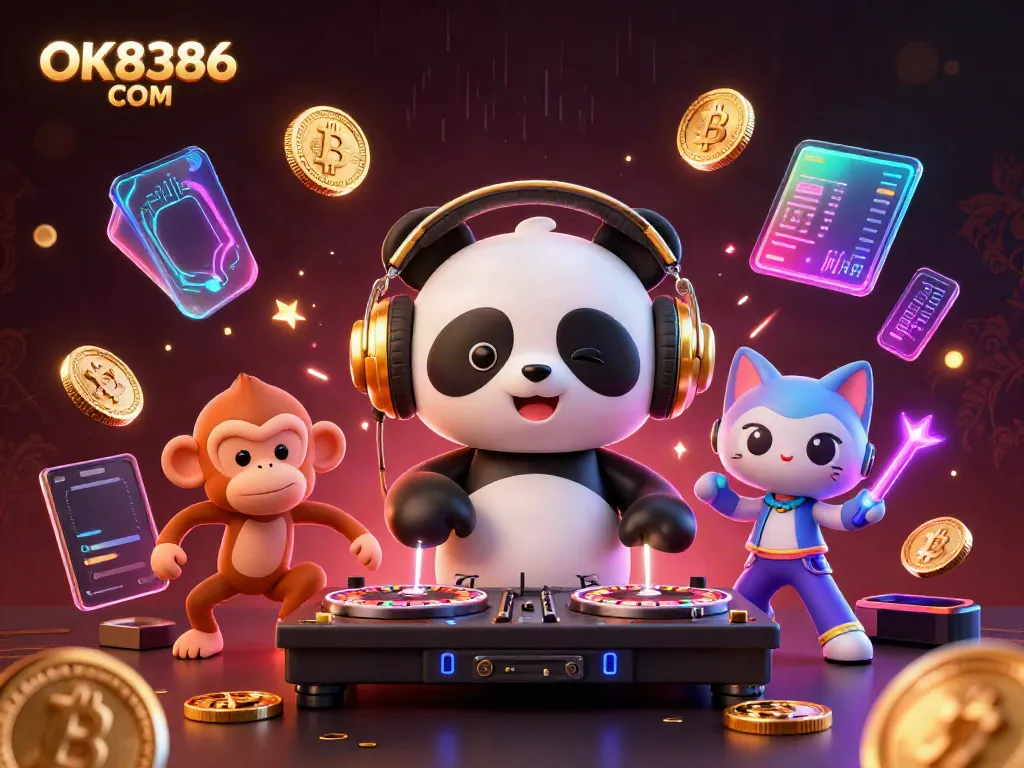 Experience the vibrant fun of OK8386 COM with lively characters in a dynamic gambling scene featuring DJ panda and breakdancing monkey.