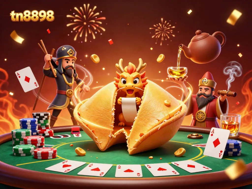 Join tn8898 for an exciting casino adventure filled with poker chips, fortune cookies, and a wise dragon!