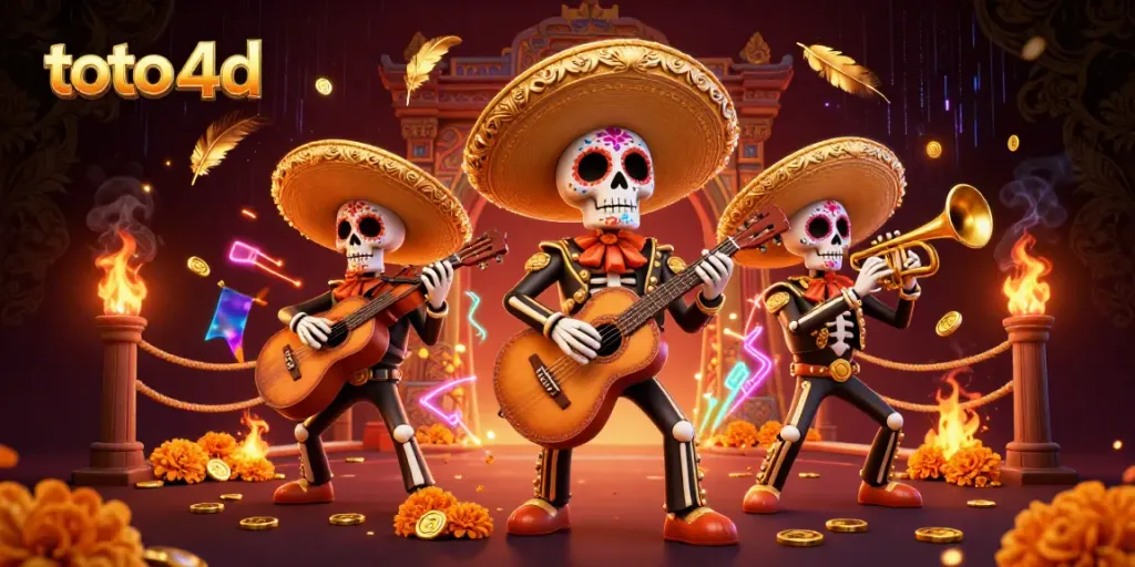 Toto 4D menunjukkan para musisi mariachi tengkorak bernyanyi dengan koin emas dan atmosfir meriah.