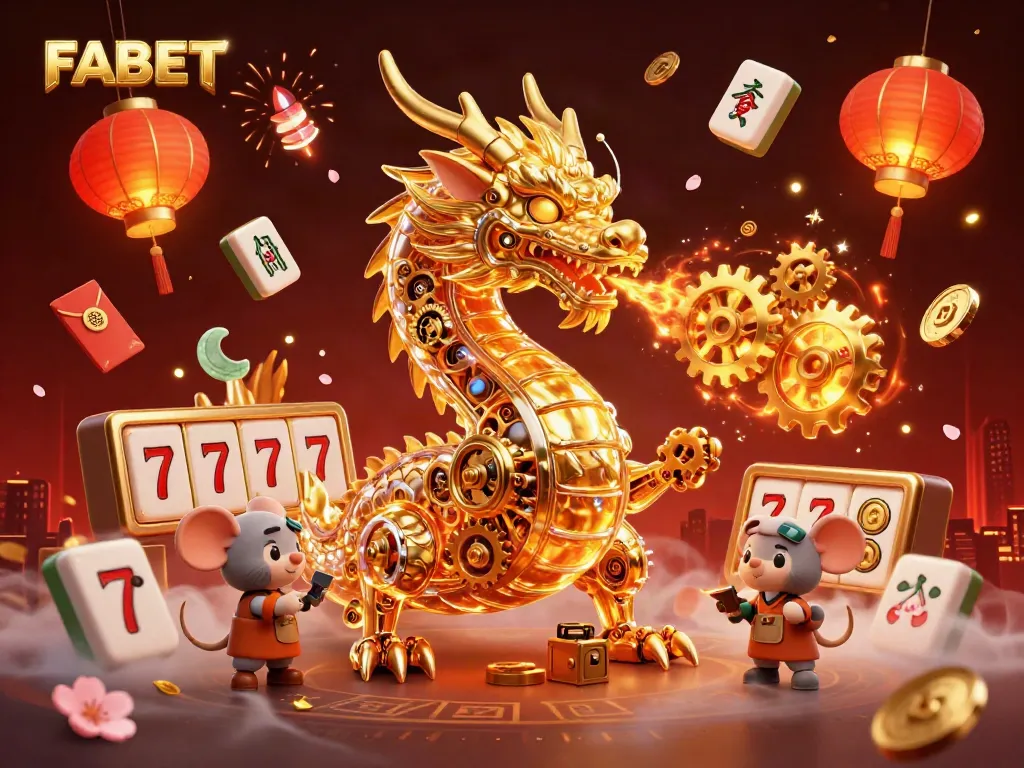 Engage with the immersive FABET casino scene featuring a golden dragon and vibrant gaming elements.