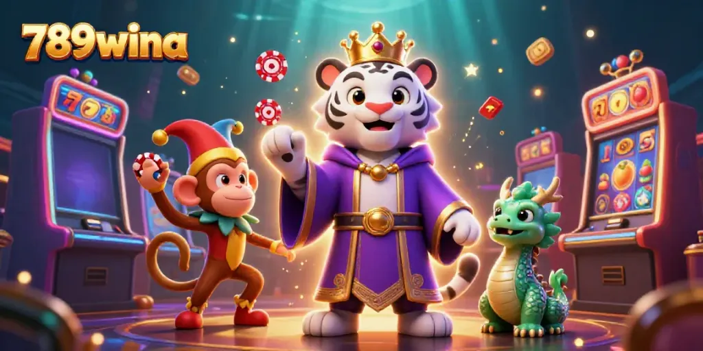 Engaging 789wina casino scene with a royal tiger, jester monkey, and vibrant slot machines.