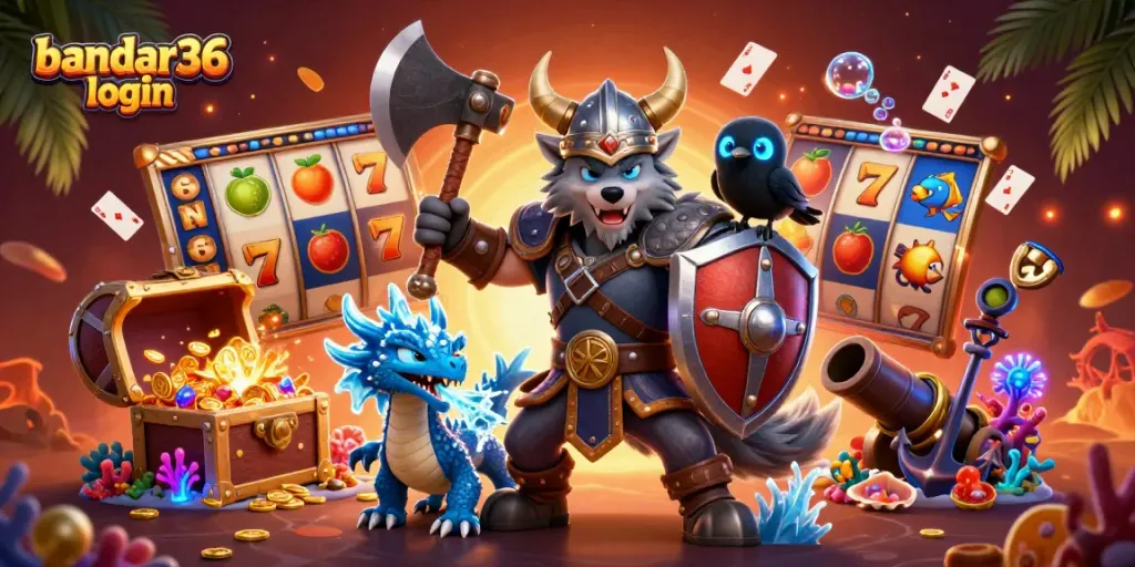 Visualisasi karakter Bandar36 login dengan elemen slot dan suasana kasino yang penuh warna.