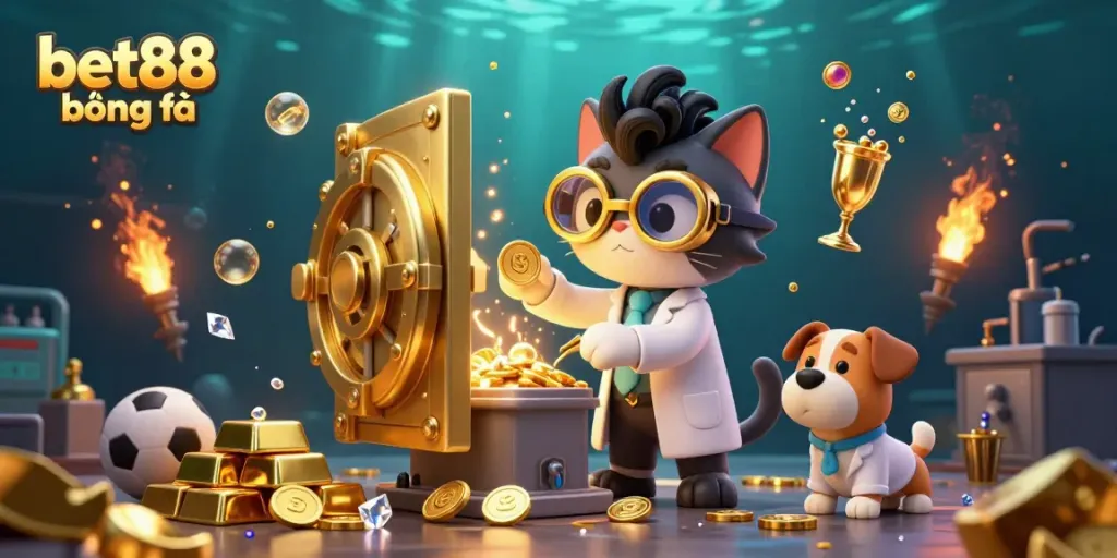 Engage in winning strategies at bet88 bóng đá with a vibrant 3D illustration featuring sports betting elements.