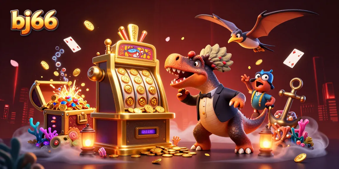 Place winning bets at bj66 while a dinosaur headbutts a jackpot slot machine.