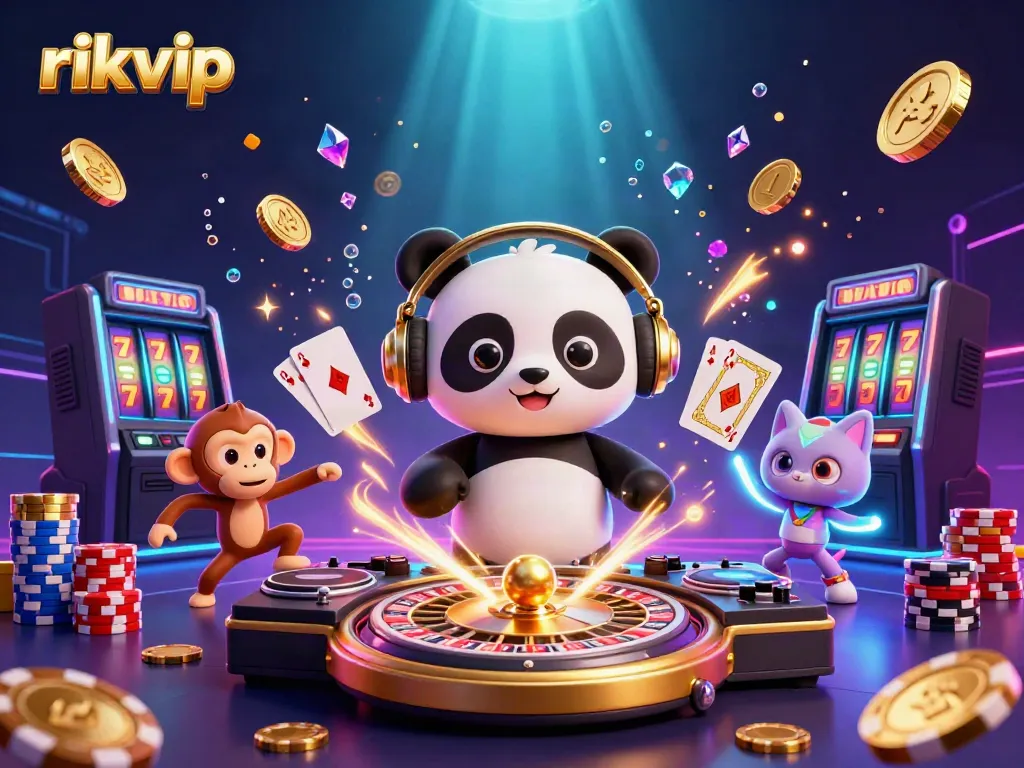 Experience the excitement of rikvip with a dancing panda, monkey, and kitten in this vibrant casino scene.