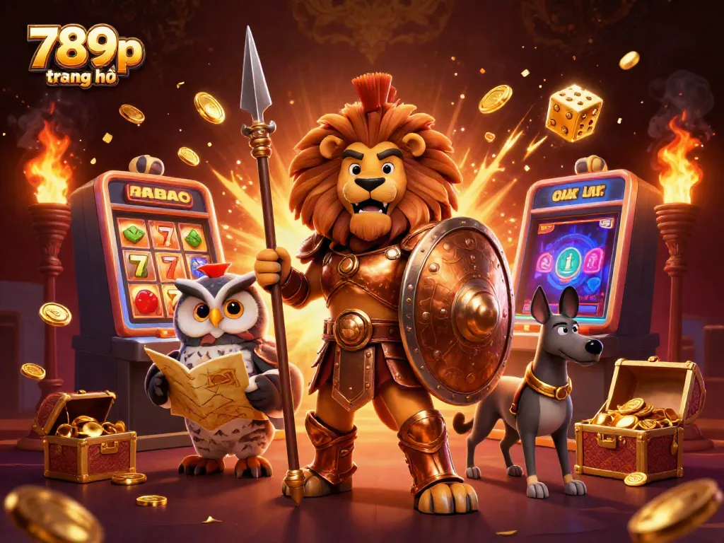 Engage with 789p trang chủ in a vibrant 3D illustration showcasing a Spartan lion, owl strategist, and greyhound amidst casino elements.