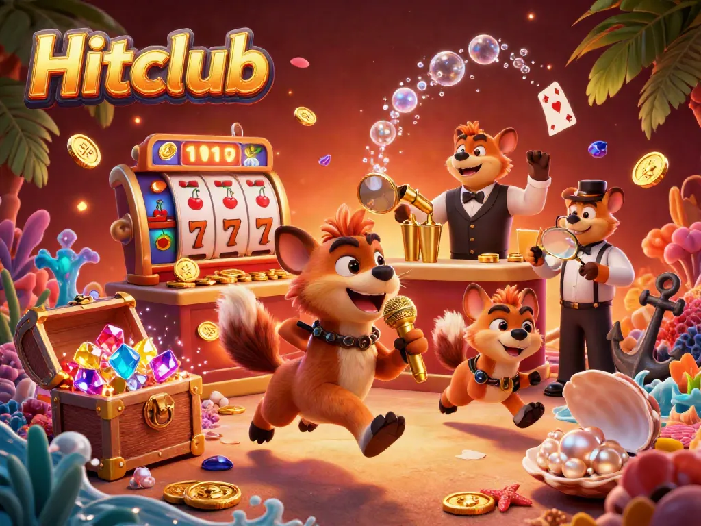 Join the fun at Hitclub with animated hyenas in a vibrant casino scene, showcasing games and laughter.
