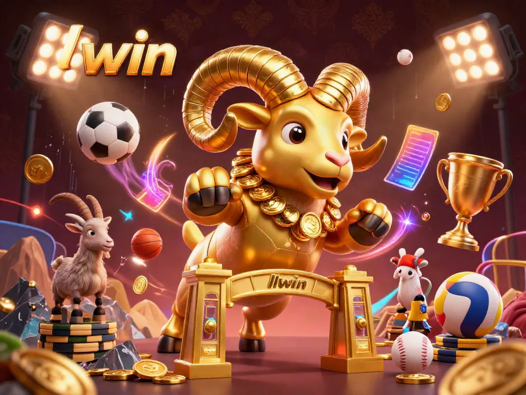 Experience the thrill of llwin casino games with dynamic sports elements and a majestic golden ram charging forward.