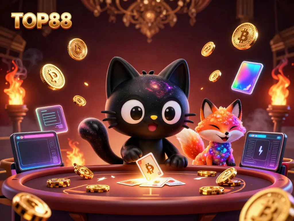 Engage with the cosmic theme of TOP88 at a dynamic casino table featuring vibrant characters and crypto elements.