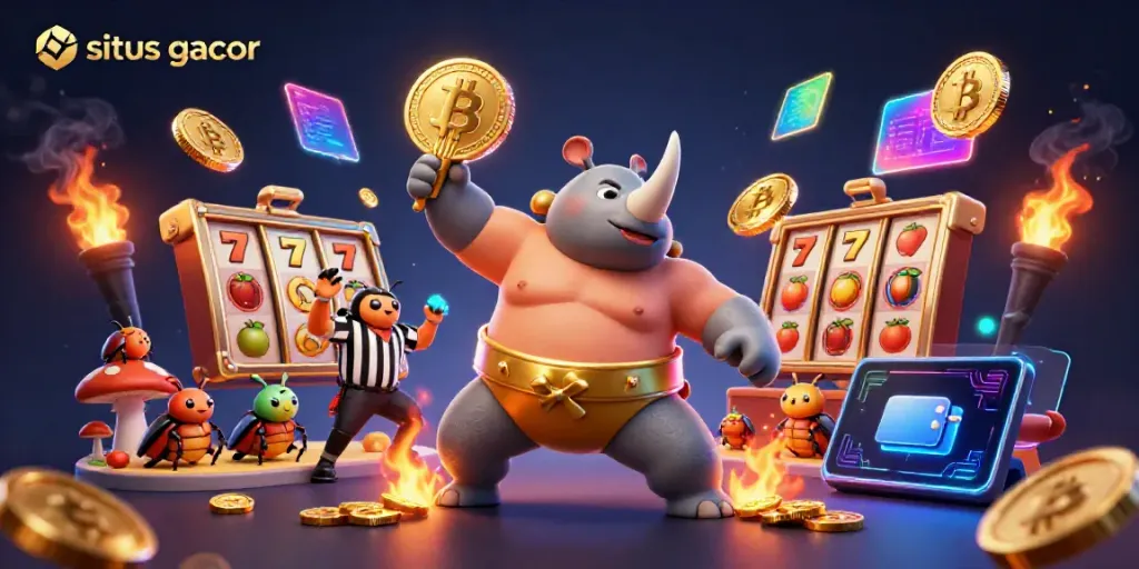 Melihat situs gacor dari ilustrasi kartun 3D yang dinamis dengan karakter tanpa batas dan simbol permainan slot.