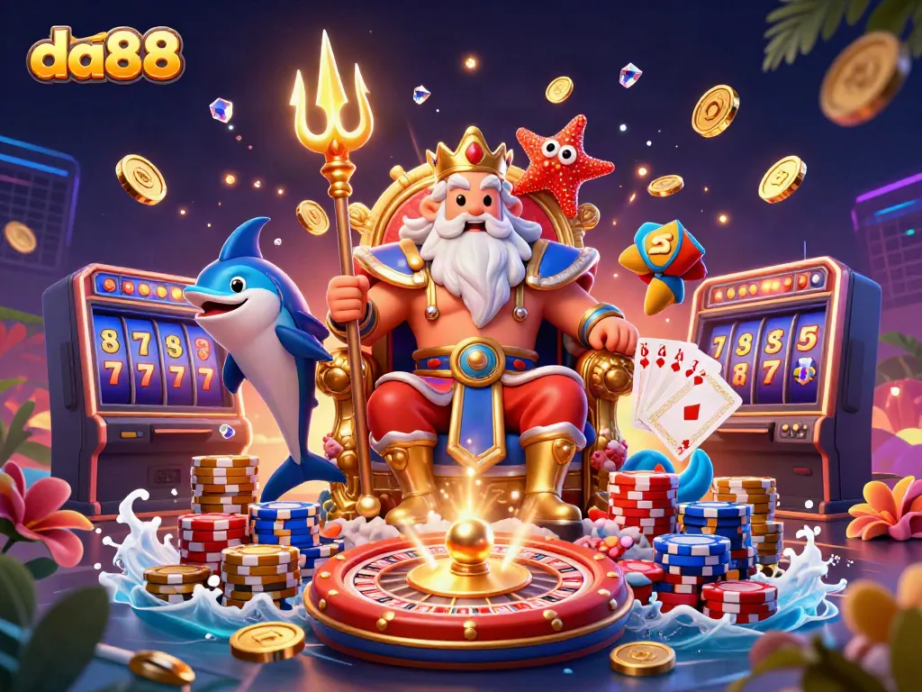 Play games at da88 with a vibrant scene featuring Neptune and sparkling casino elements.