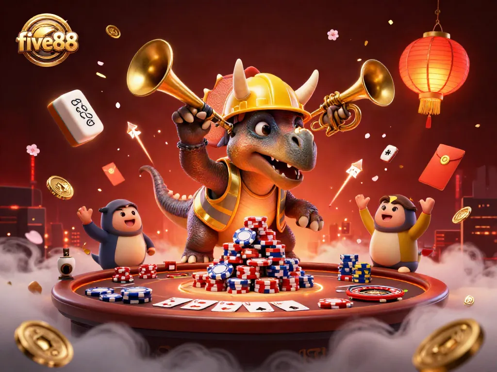 five88 showcases exciting gaming with dinosaur characters building poker chips amidst festive casino elements.