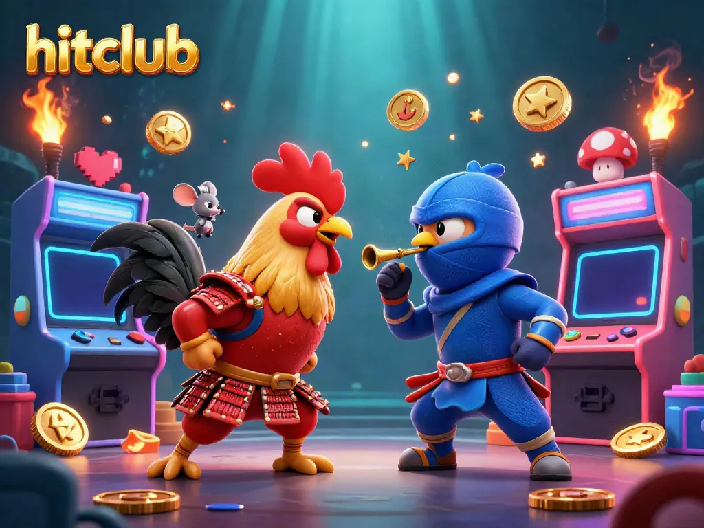Engage in thrilling rooster battles at hitclub while iconic arcade games surround the scene.