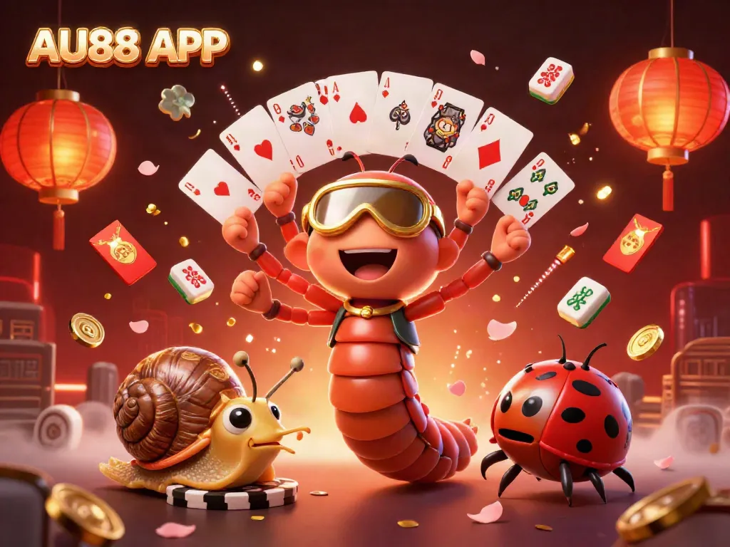 Engage with the AU88 APP through vibrant casino-themed 3D illustration featuring a lively dealer and joyful characters.