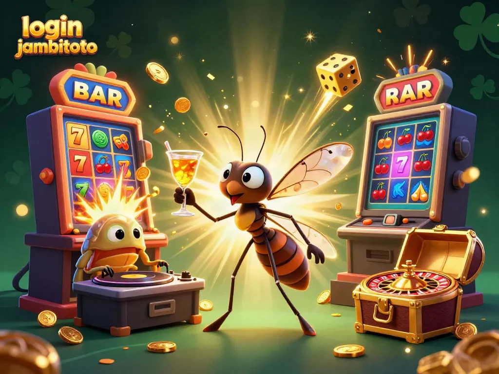 Experience the excitement of login jambitoto with a vibrant casino scene featuring lively characters and games.