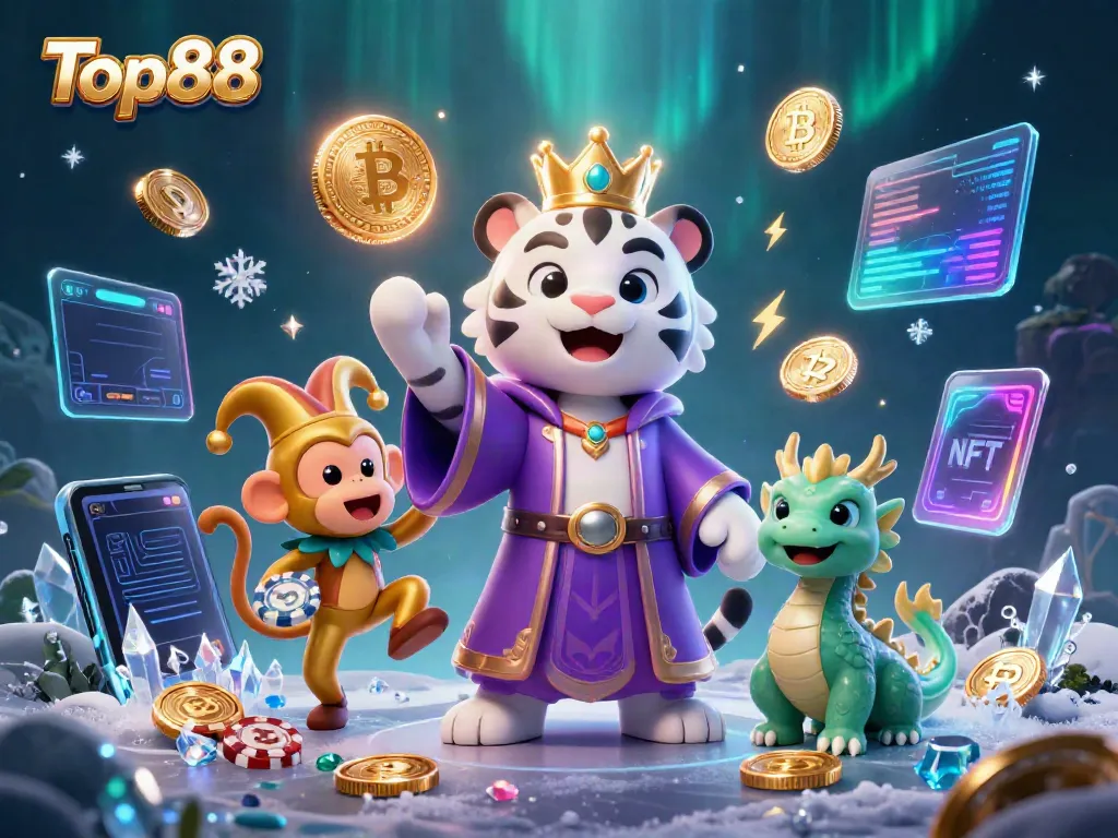 Engage with the Top88 gaming universe featuring a regal white tiger and vibrant casino elements.