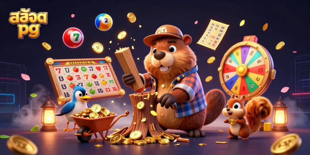 Engaging สล็อต pg scene with cartoon characters and vibrant casino elements in a dynamic setting.