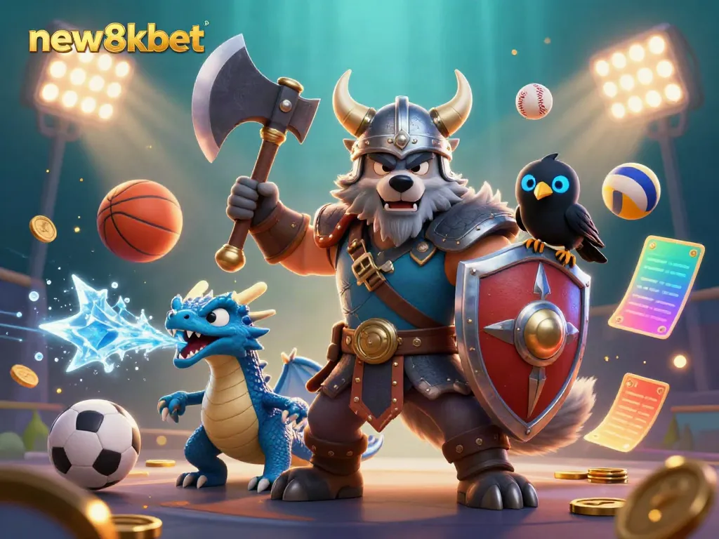 Engage with thrilling sports action at new8xbet featuring a Viking warrior and fierce dragon.