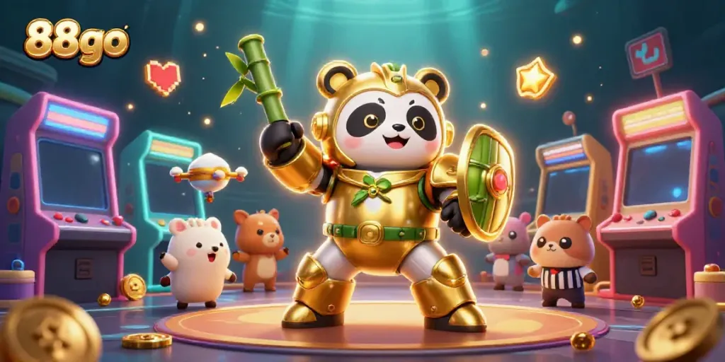 Engage with 88go in a vibrant, action-packed casino arena featuring a golden panda and arcade games.