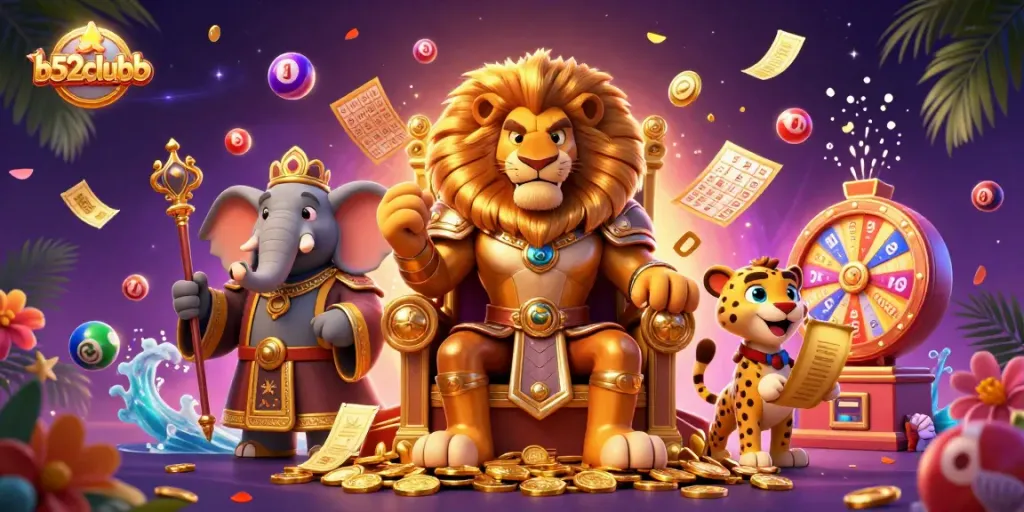 Experience the thrilling b52clubb gaming adventure with a majestic lion king, lottery dynamics, and captivating casino elements.