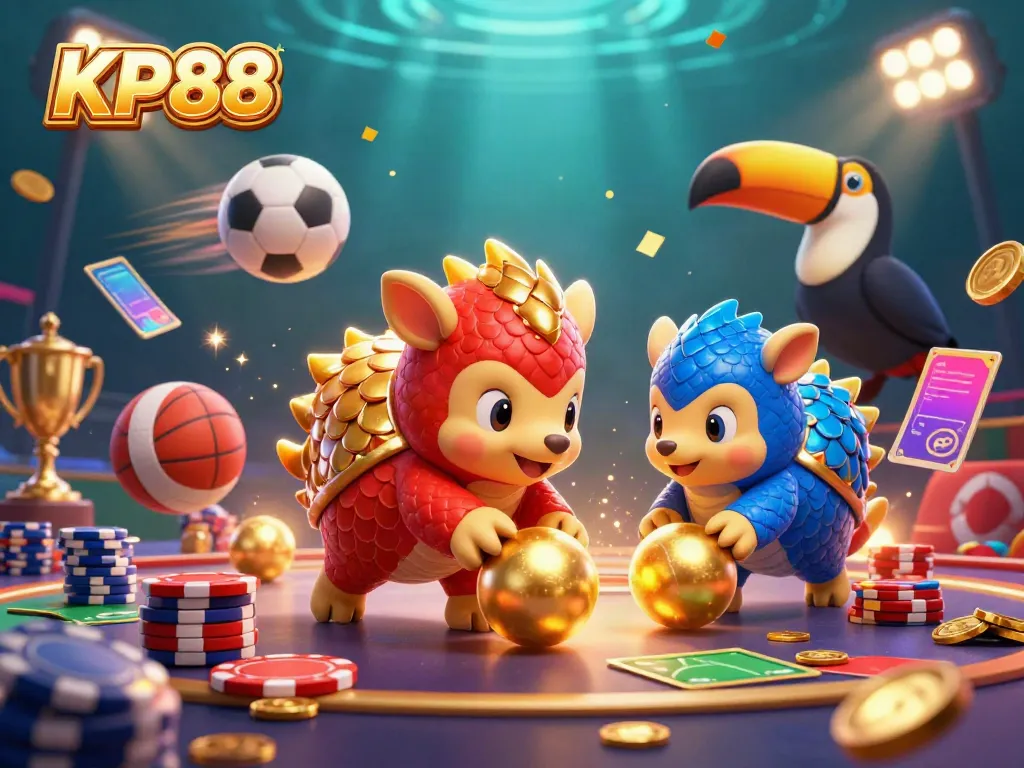 KP88 showcases a vibrant scene with cartoon pangolins competing in a casino-themed environment filled with betting elements.