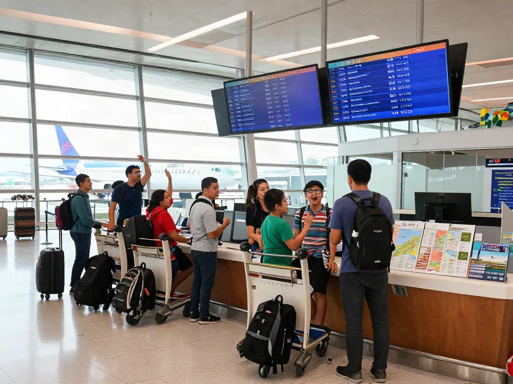 Excited travelers at the airport terminal awaiting Garuda 404 flight.