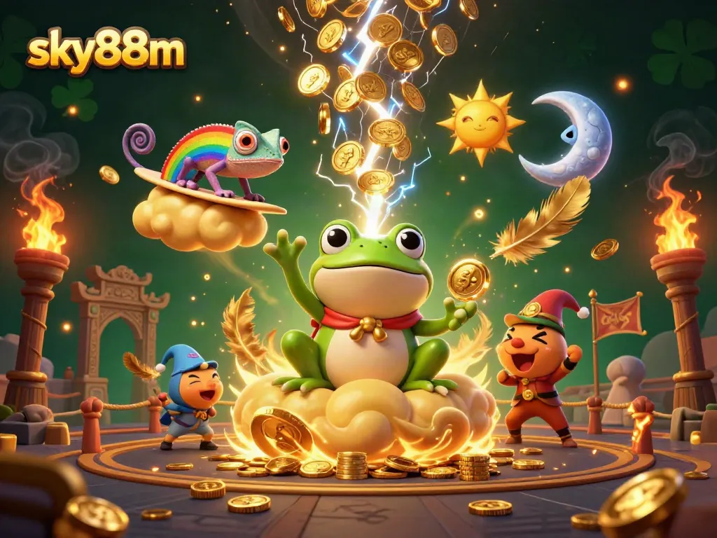 Engage with sky88m's thrilling gaming universe, featuring a wizard frog casting golden coins amid vibrant casino elements.