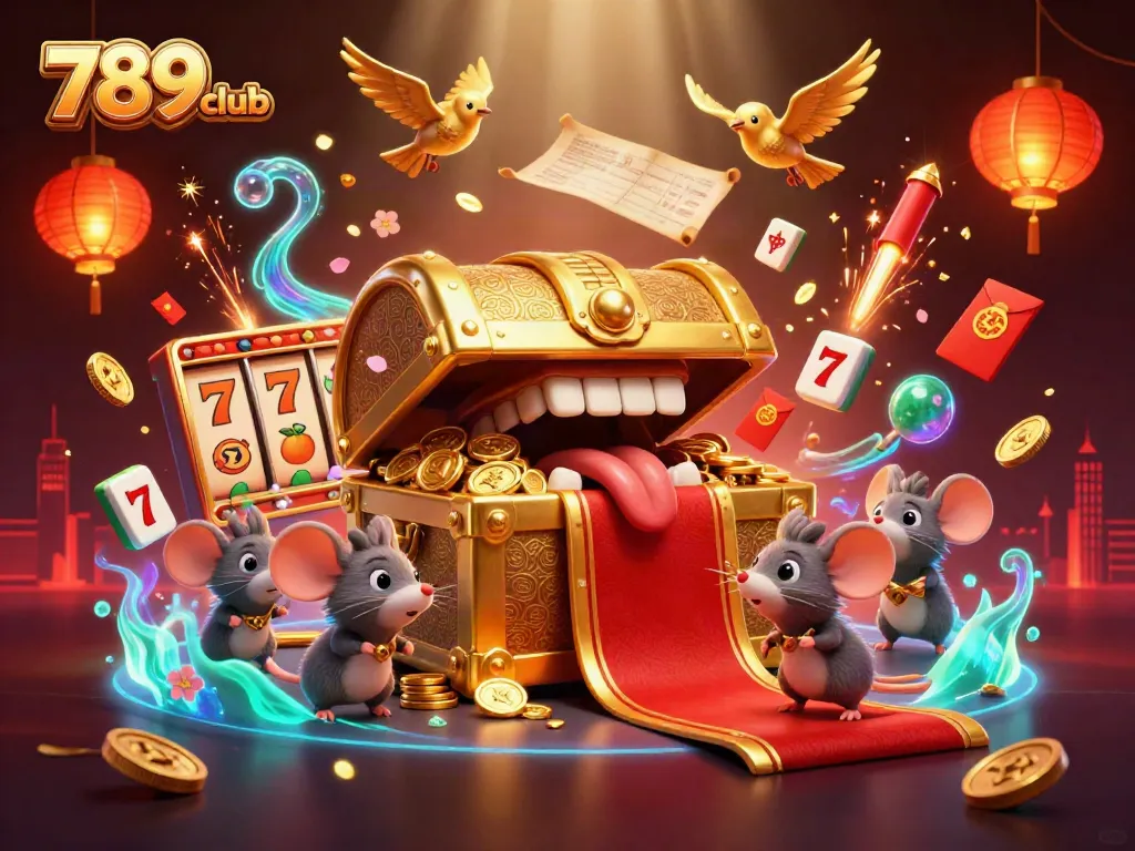 Play exciting slot games at 789club with vibrant golden treasures and festive decorations.