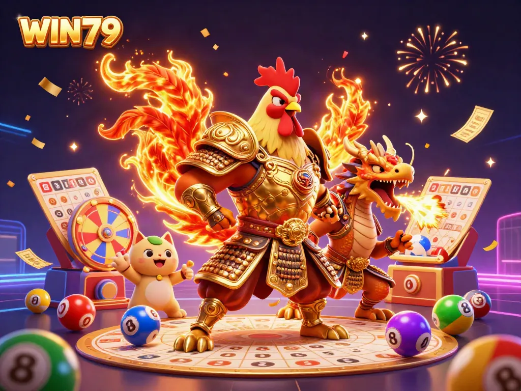 WIN79 highlights a dynamic casino scene with a golden armored rooster, dragon, and winning game symbols.