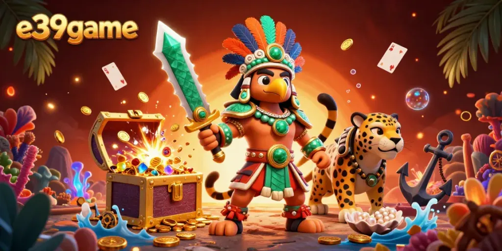 Engage in thrilling underwater treasure hunting at e39game, surrounded by vibrant gold coins and glowing gems.