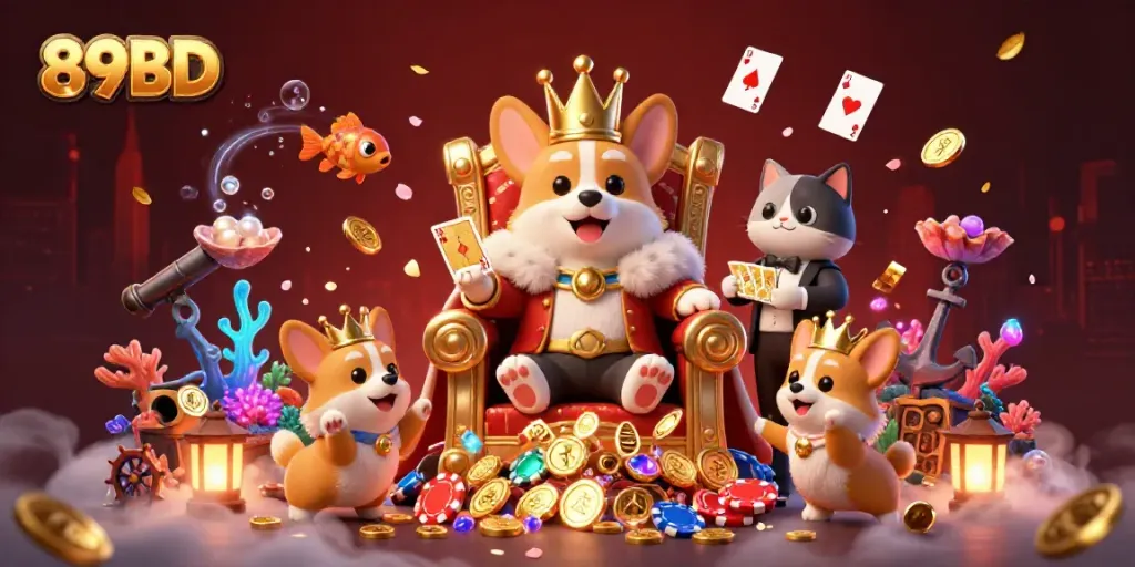 Engage with the royal corgi king and cat butler in this vivid 89BD casino scene filled with treasures and cards.