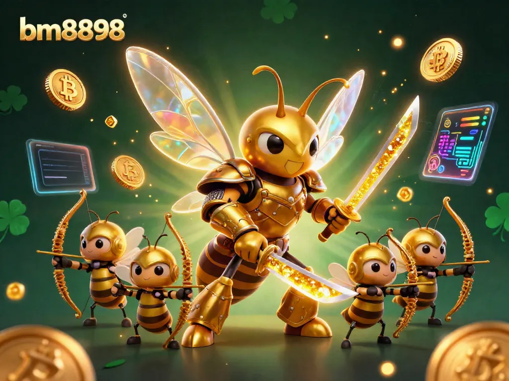 Engage with bm8898's vibrant casino experience featuring a golden hornet warrior and crypto elements.