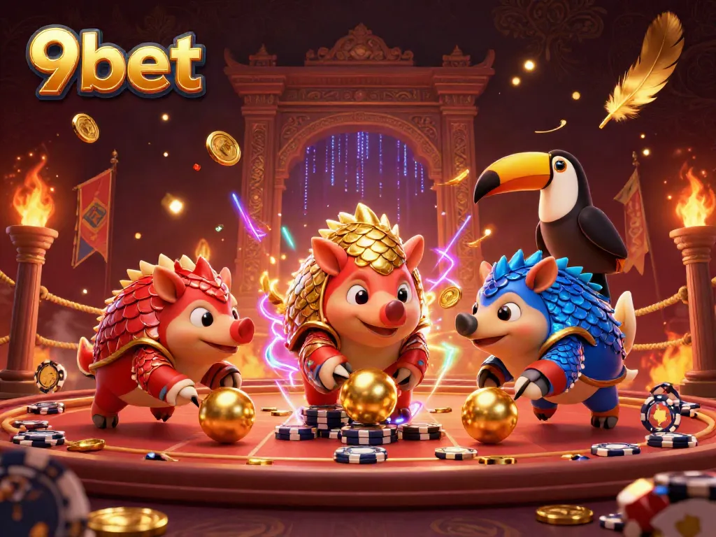 Experience the thrill of 9bet with dynamic rival pangolins competing in a vibrant casino setting.