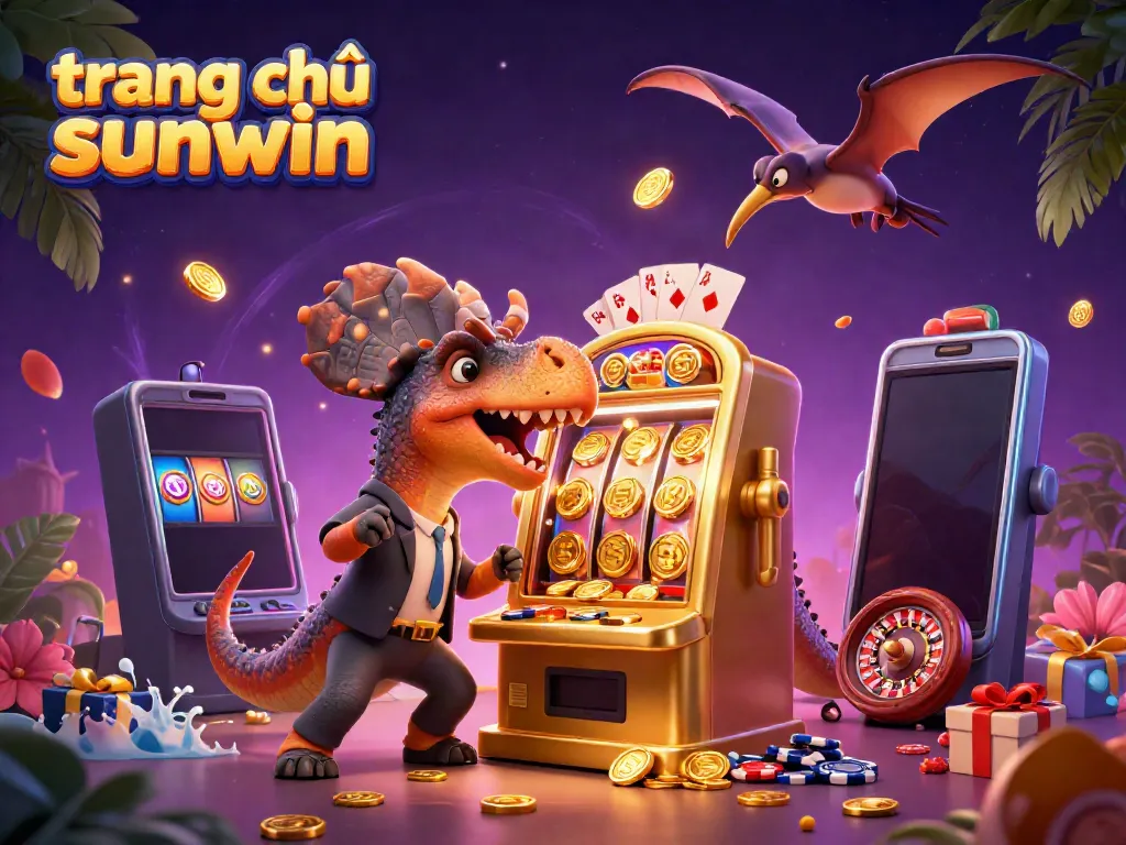 Engaging 3D scene of trang chủ sunwin featuring a cartoon dinosaur interacting with a jackpot slot machine amid flying coins.