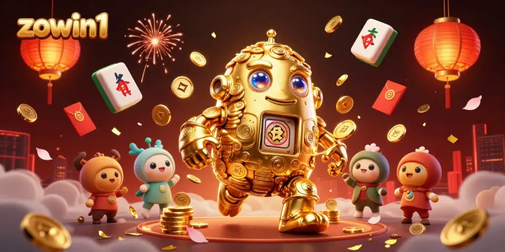 Experience exhilarating gaming with zowin1, featuring a golden golem amidst traditional gambling elements.