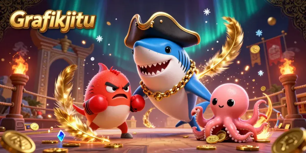 Experience betting excitement with Grafikjitu's vibrant cartoon characters in a dynamic gambling scene.