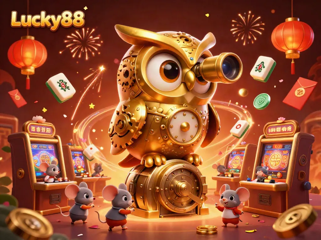 Experience the excitement of Lucky88 with a vibrant casino scene featuring a golden owl and dynamic gaming elements.