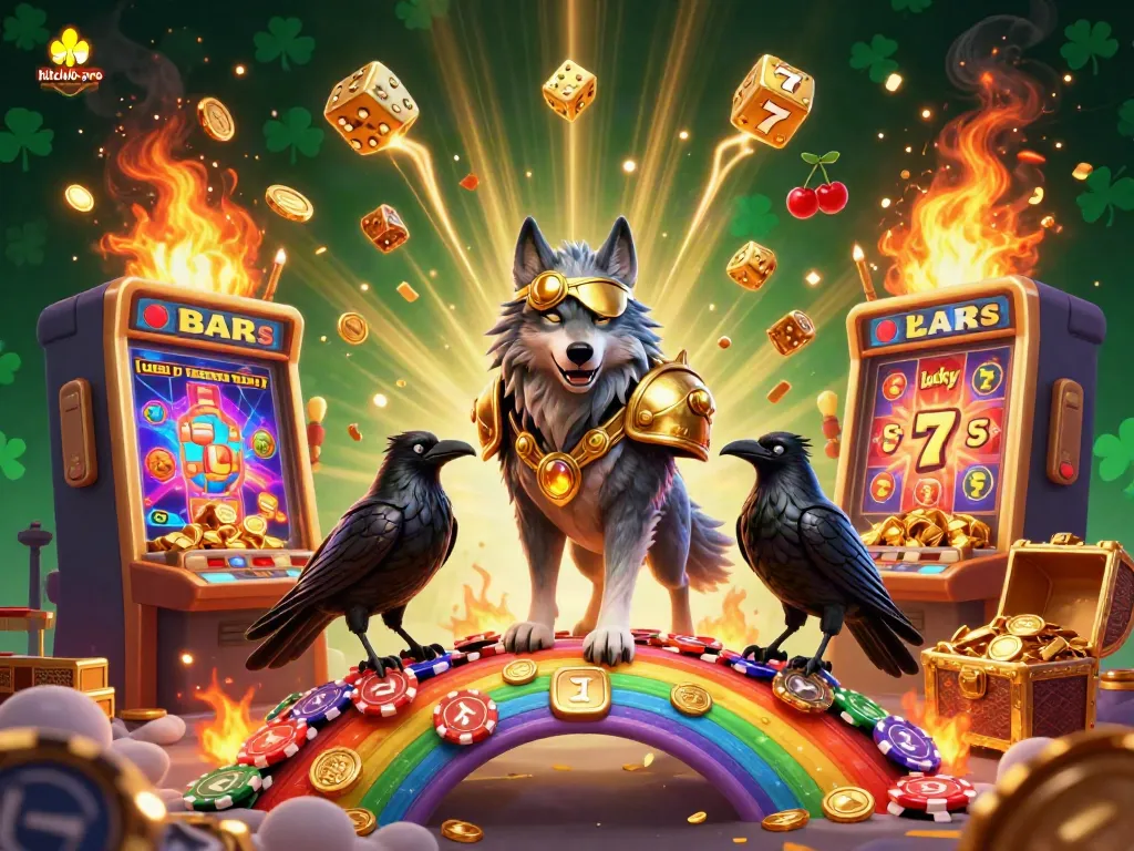 Engage with hitclub-pro's vibrant scene featuring a Norse-inspired wolf and golden ravens amidst casino fun.