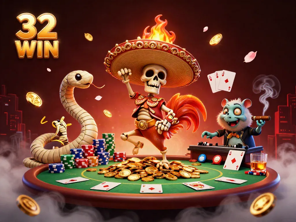 Experience the excitement of 32 WIN with a vibrant casino scene featuring dance, gold coins, and poker elements.