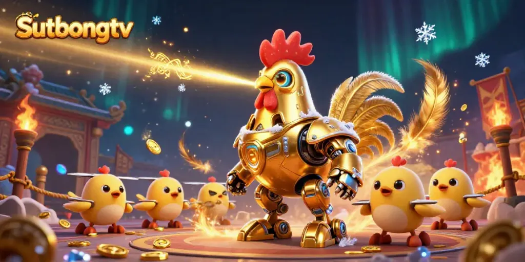 Sutbongtv shows a futuristic rooster robot surrounded by golden elements in a dynamic casino setting.