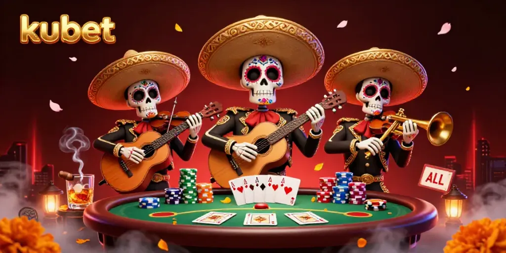 Kubet gives players a vibrant casino experience with colorful mariachi skeletons and a dynamic poker game scene.