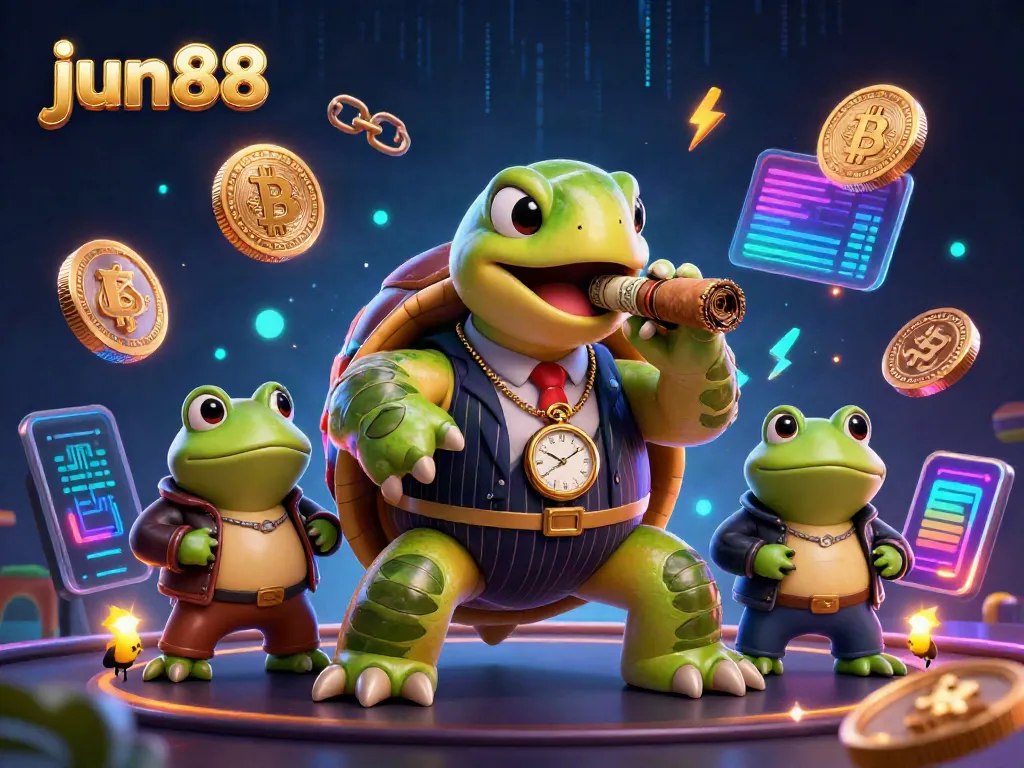Engage with jun88's vibrant casino vibe featuring a cartoon turtle and bullfrogs flaunting crypto coins.