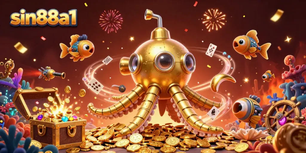 Experience the vibrant world of sin88a1 with golden kraken submarine and underwater treasures!