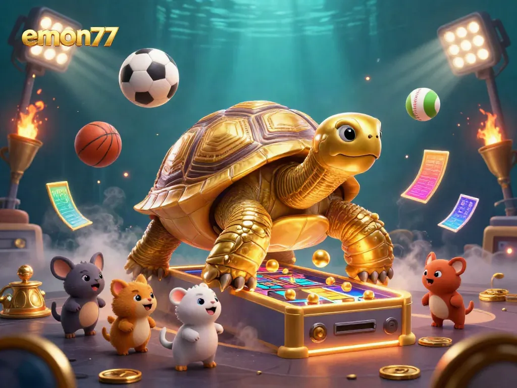 Watch excited small animals play on the emon77 golden tortoise pinball machine with coins flying around.