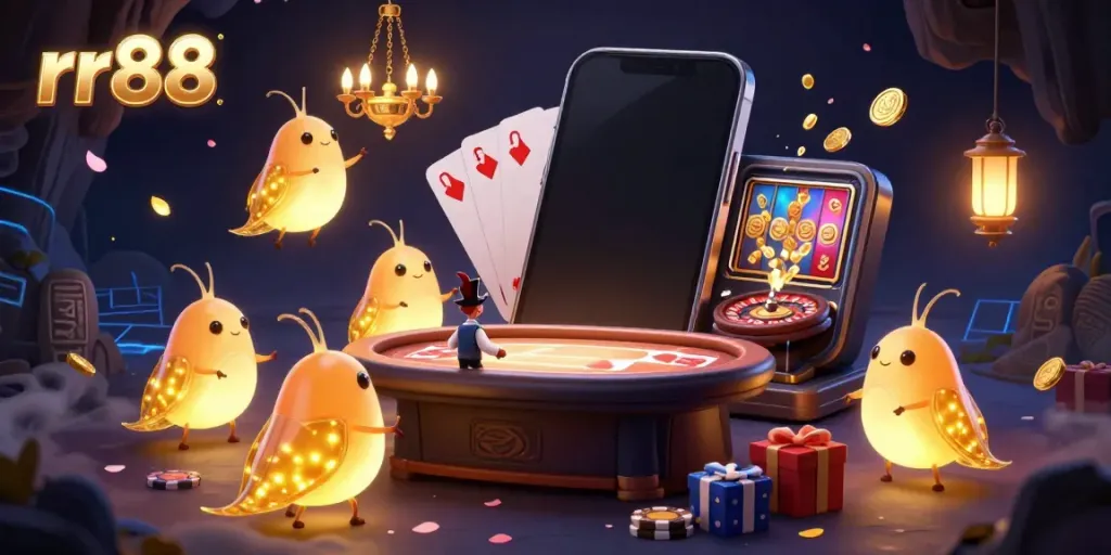 Experience thrilling games at rr88 with lively glowworms illuminating a vibrant casino scene.
