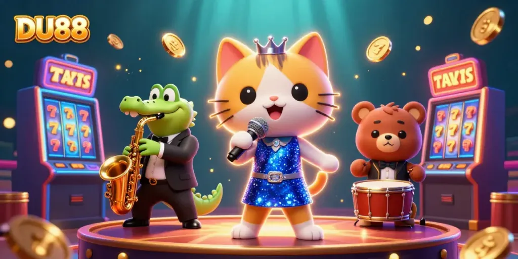 Engage with DU88 as a jazzy cat sings on stage surrounded by lively slot machines.