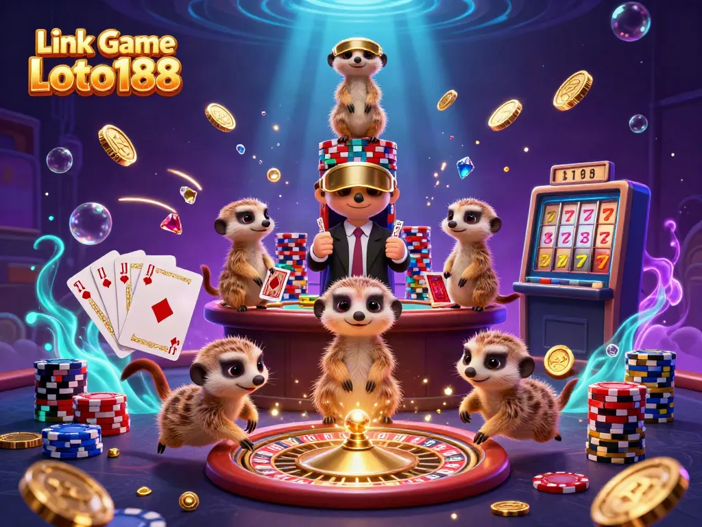 Experience the excitement of Link Game Loto188 with animated meerkat dealers, sparkling coins, and roulette.