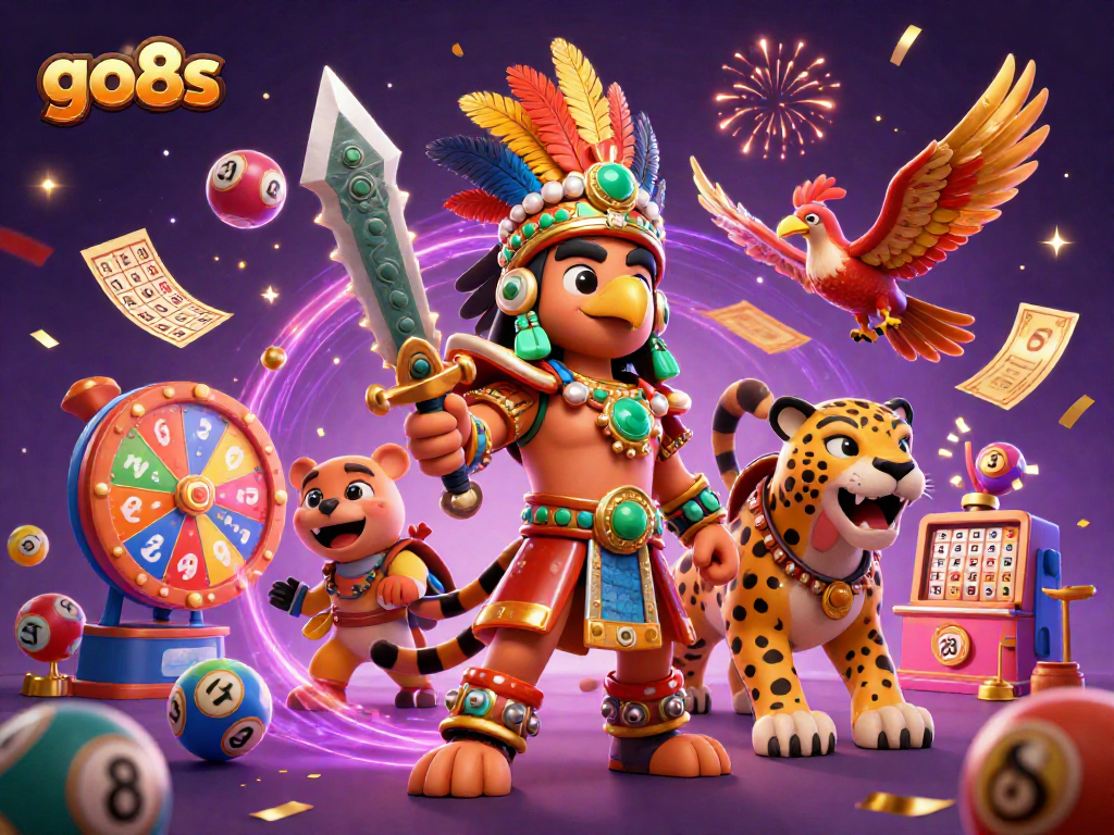 Win big with go8s as colorful lottery balls and vibrant casino elements surround brave warriors.