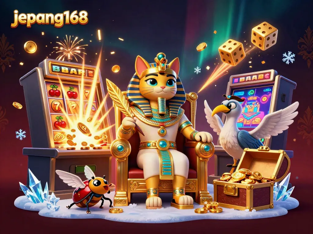 Experience the vibrant action of japon168 slots with pharaoh cat and casino symbols.